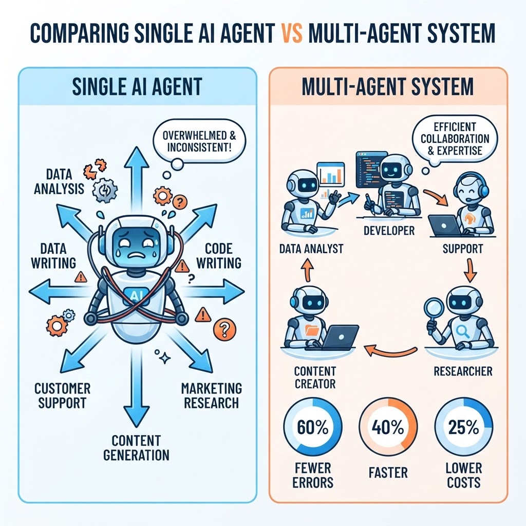 Comparison infographic: single AI agent vs multi-agent system showing 60% fewer errors, 40% faster, 25% lower costs