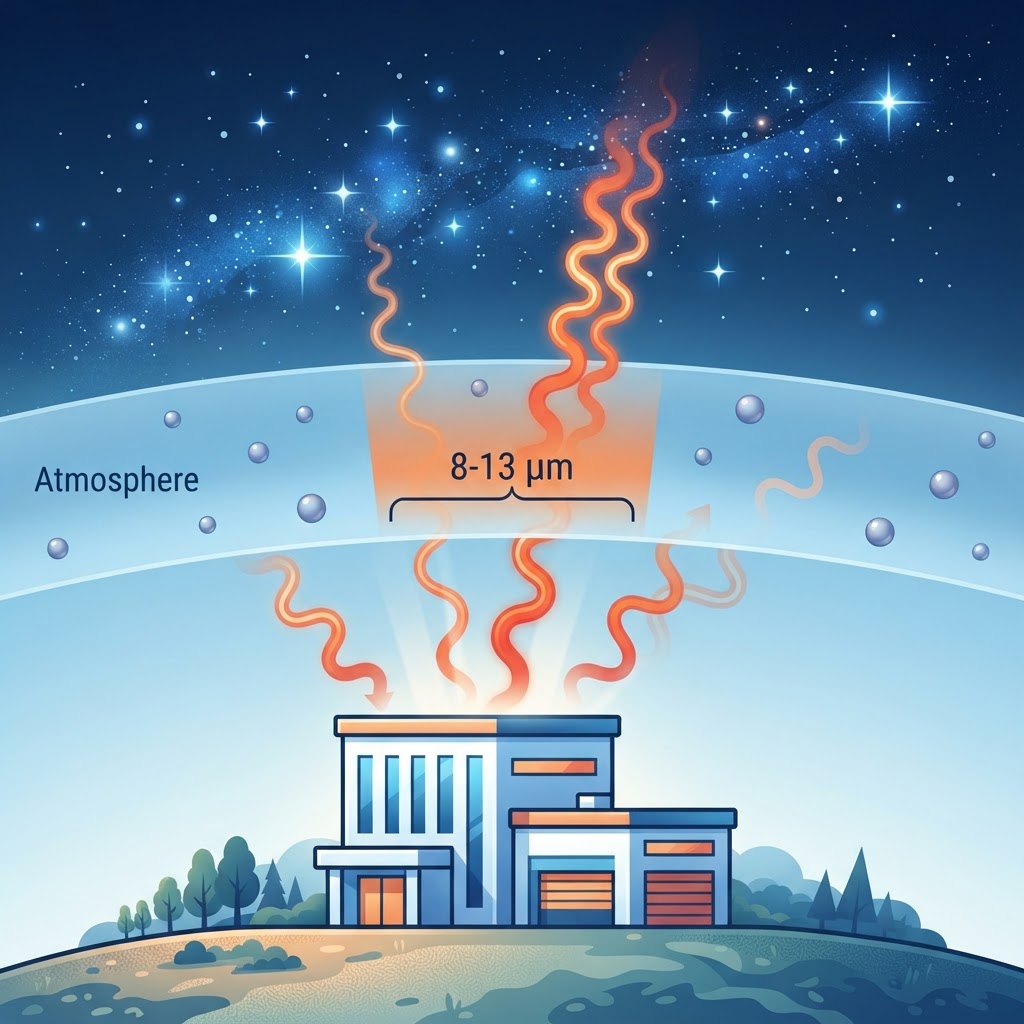 Diagram showing heat radiating through the atmospheric window to outer space for passive radiative cooling
