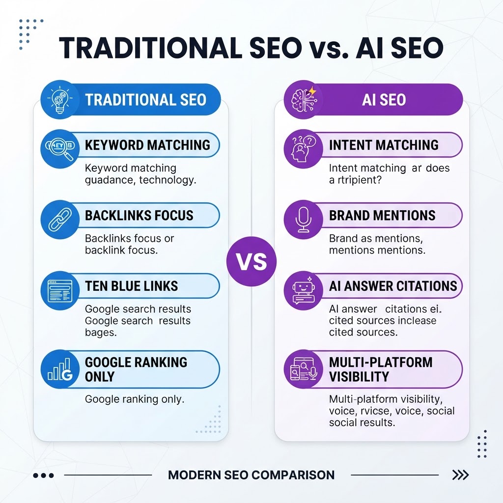 Comparison infographic of Traditional SEO vs AI SEO showing differences in keyword matching, backlinks, brand mentions, and AI answer visibility