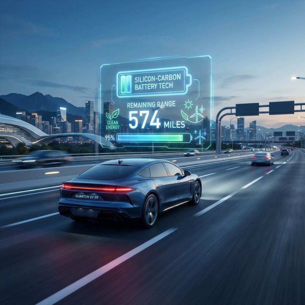 Electric vehicle with silicon carbon battery showing 574 miles range on highway with glowing battery visualization