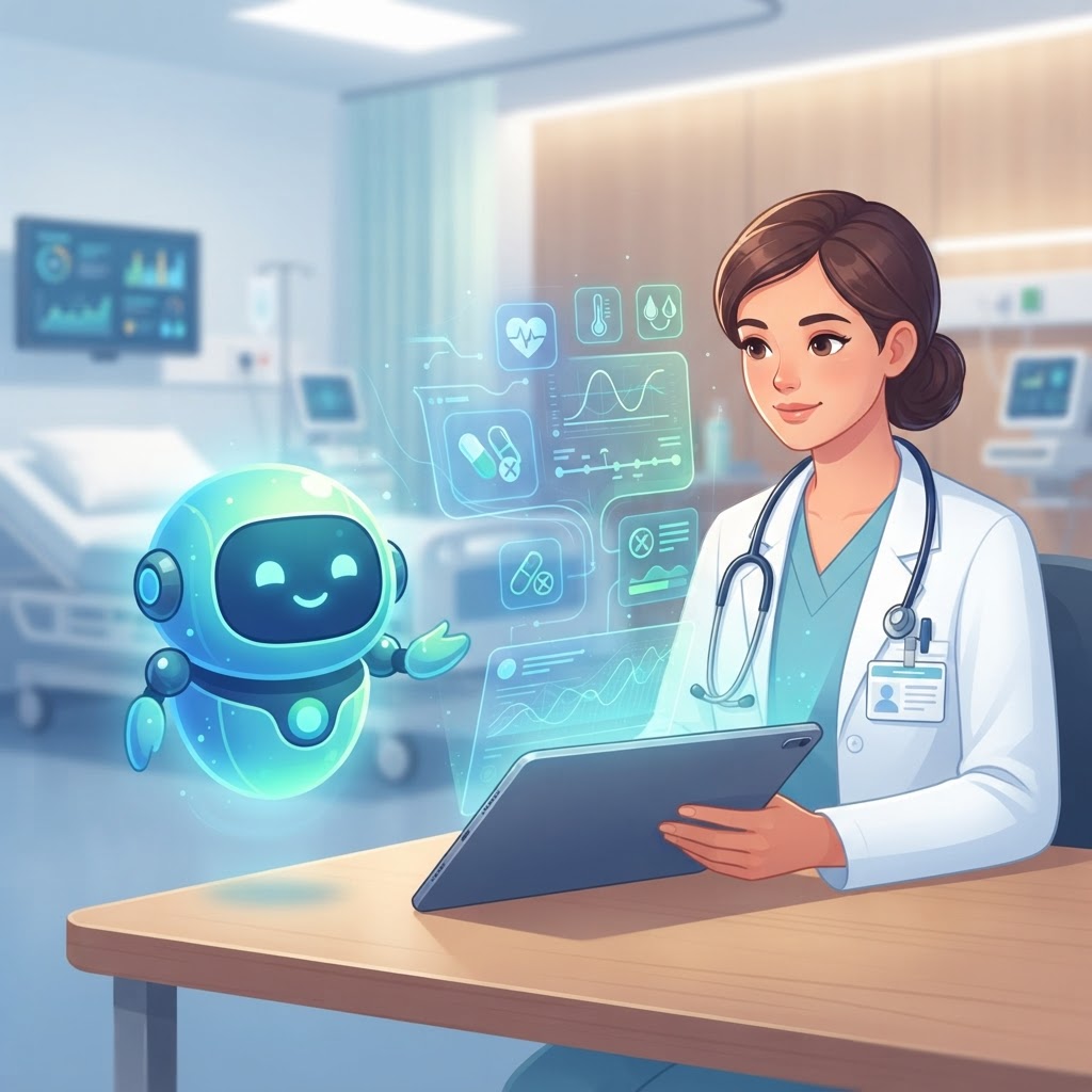 AI agent assisting doctor with patient data scanning and drug interaction alerts