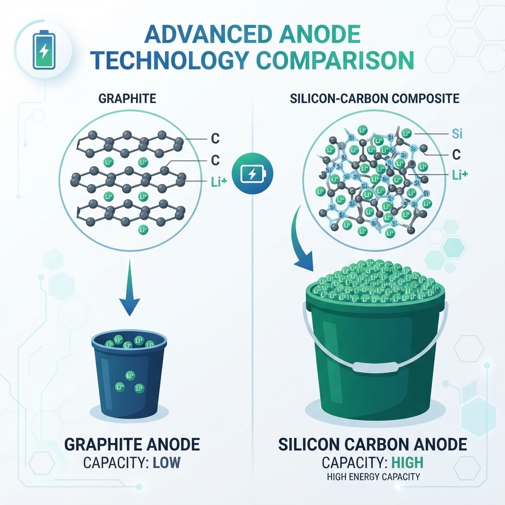 Silicon carbon battery anode structure comparison showing graphite small cup versus silicon large bucket energy capacity