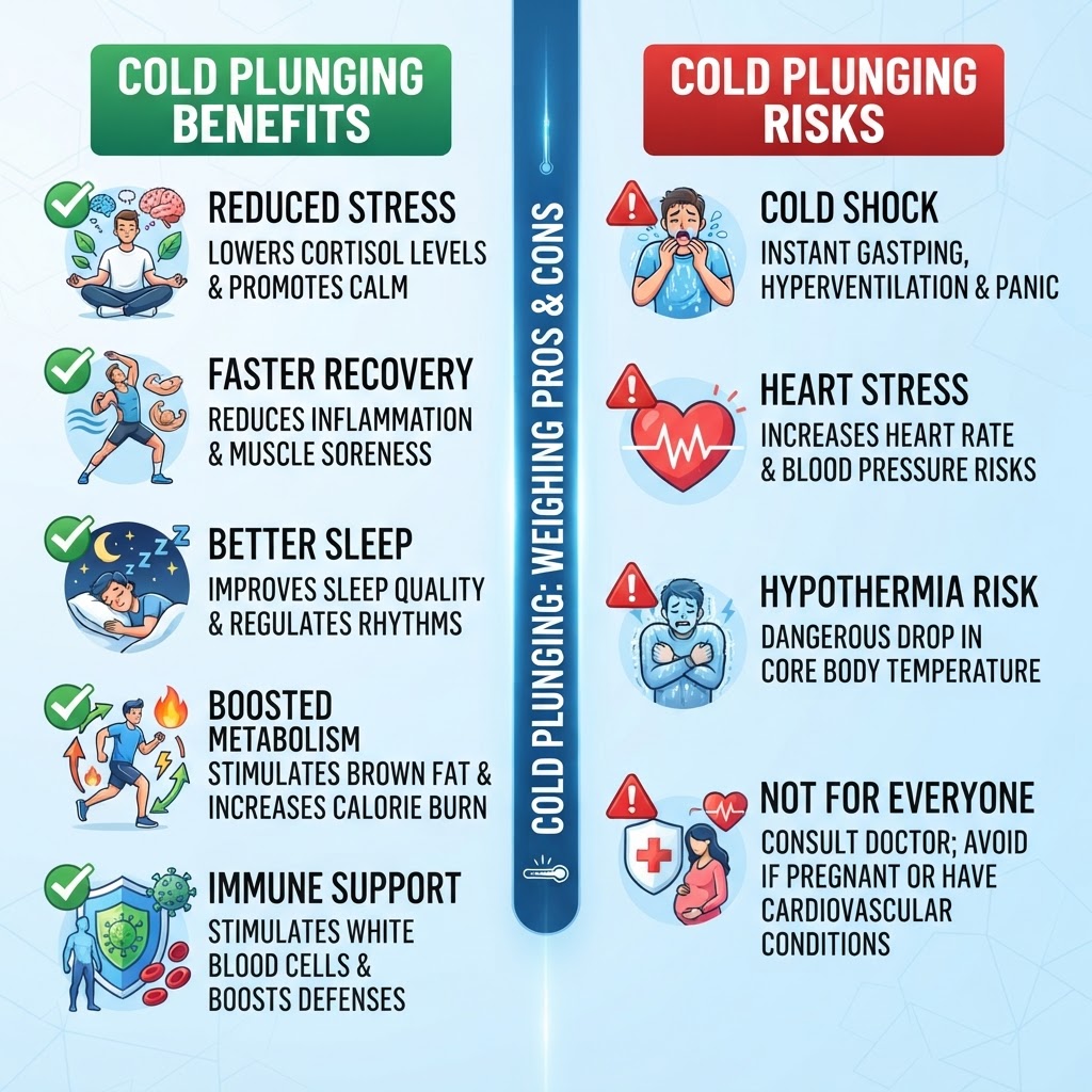 Infographic comparing cold plunge benefits versus risks with checkmarks and warning icons