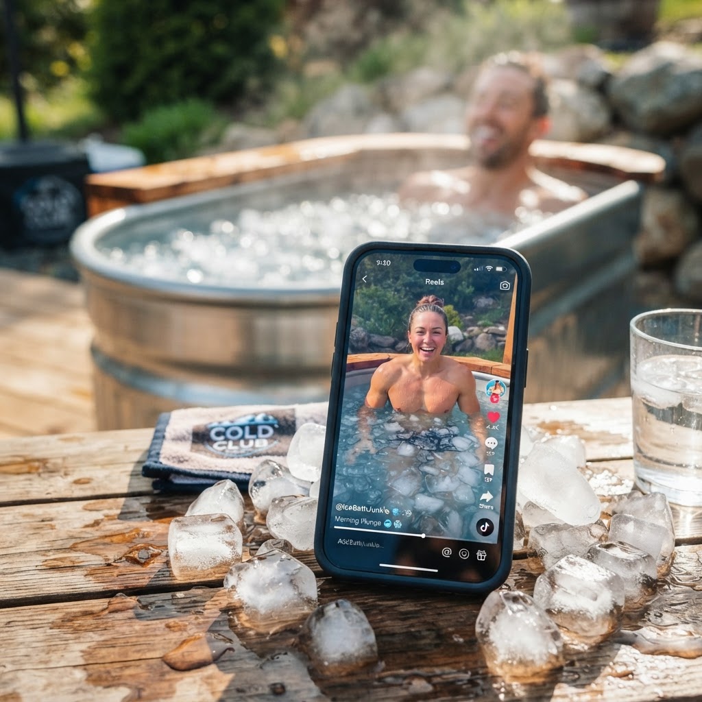 Social media feeds showing viral cold plunge videos on smartphones surrounded by ice