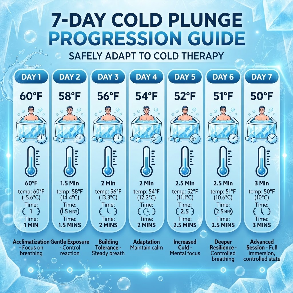 Infographic showing 7-day cold plunge progression guide with temperature and duration timeline
