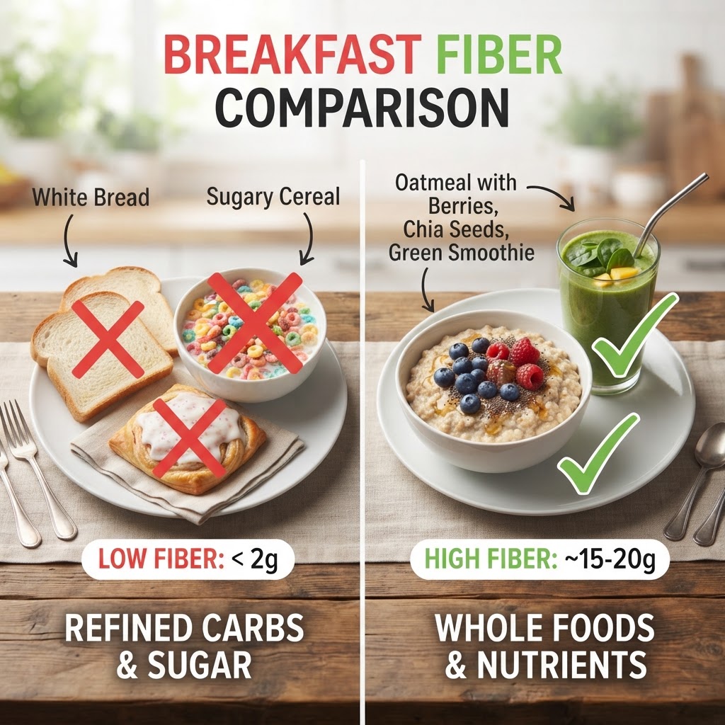 Comparison of low fiber breakfast versus high fiber breakfast showing easy fibermaxxing food swaps