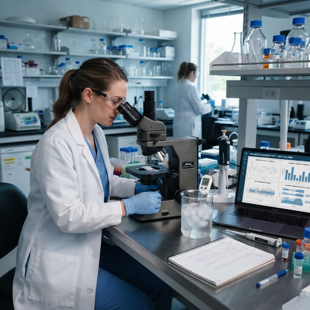 Scientific laboratory with cold water immersion research data and equipment