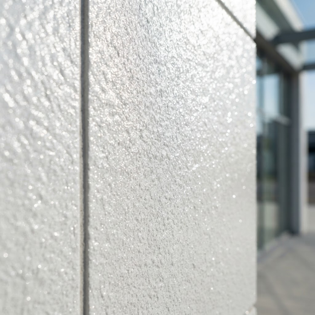 Close-up of white ceramic cooling coating on a building wall reflecting sunlight for passive radiative cooling