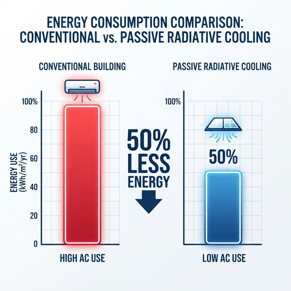 Infographic comparing energy use in conventional buildings vs buildings with passive radiative cooling showing 50 percent less energy