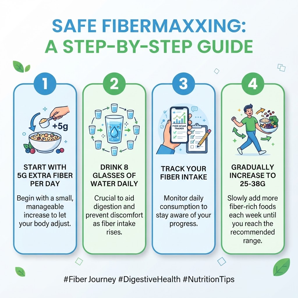 Step by step infographic on how to start fibermaxxing: add 5g fiber daily, drink water, track intake, and gradually reach 25-38 grams