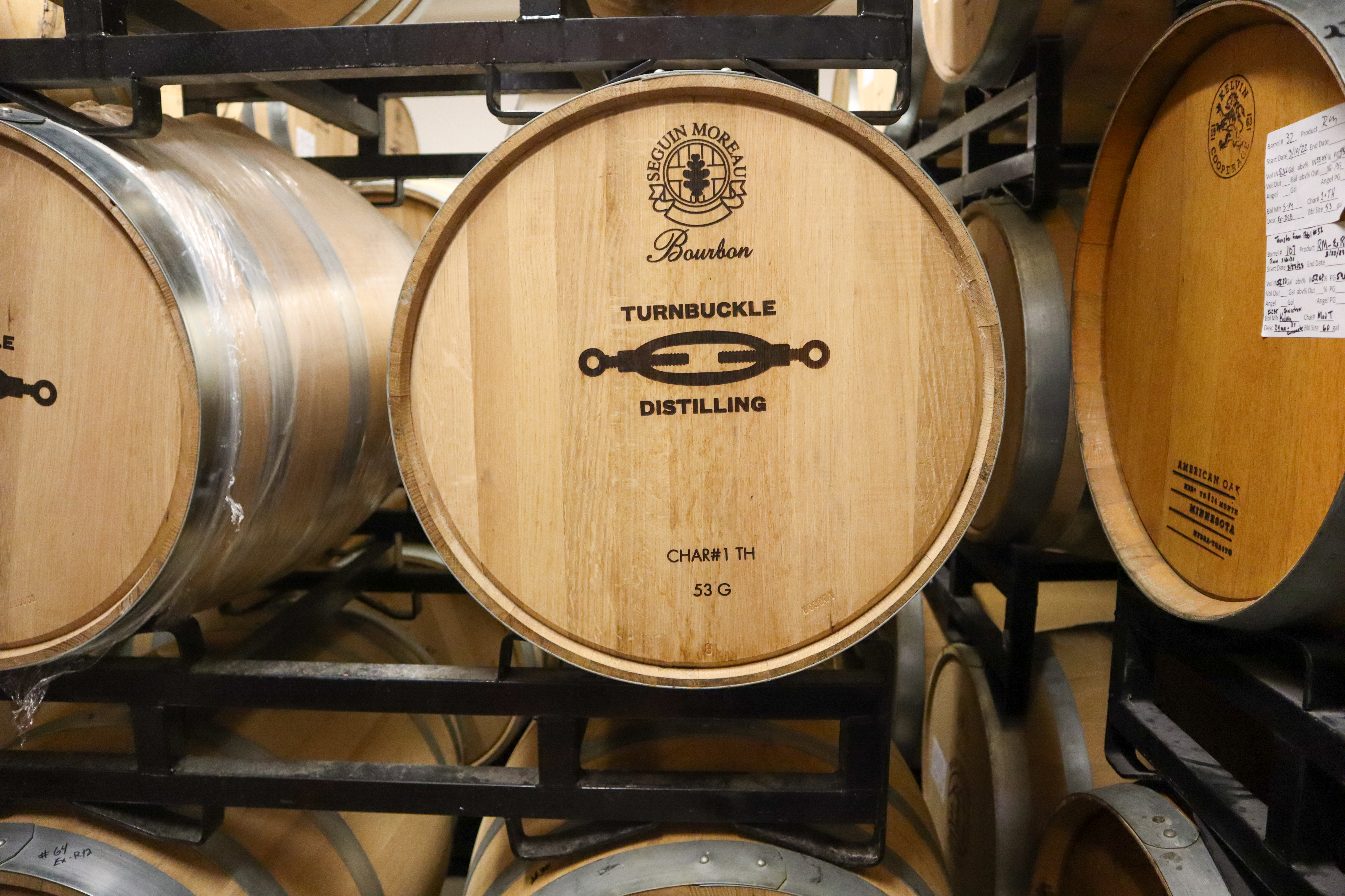 Turnbuckle Distilling bourbon barrel in the rackhouse