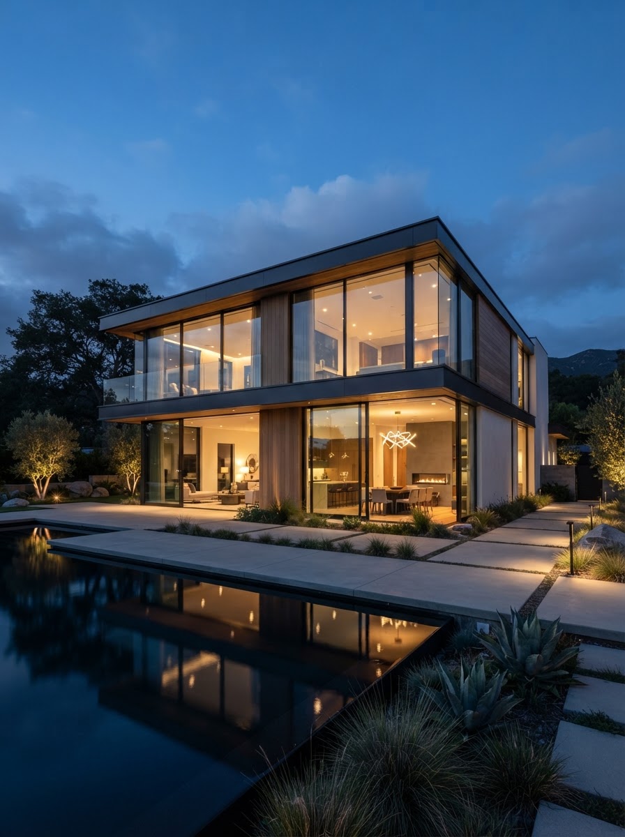 Villa moderne en verre au crépuscule