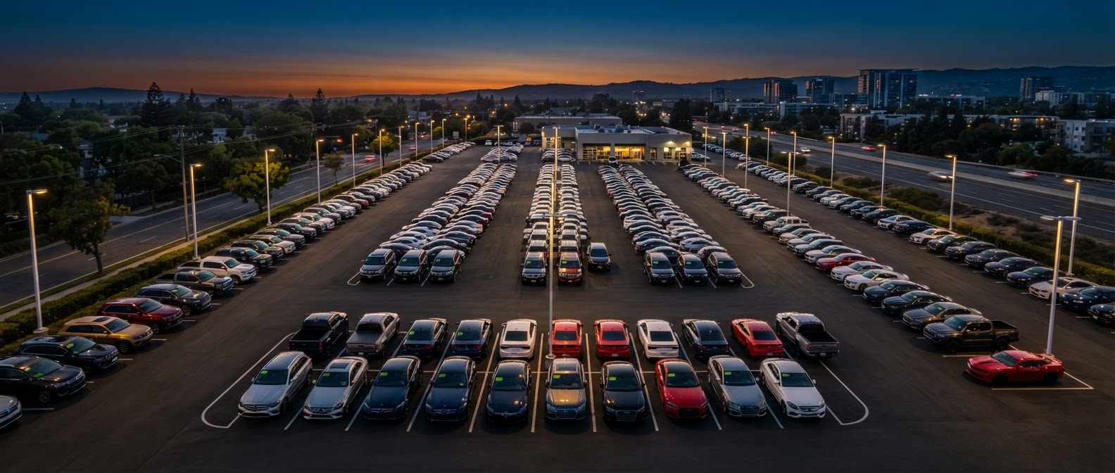 Aerial view of a clean organized used car lot at dusk with warm lighting