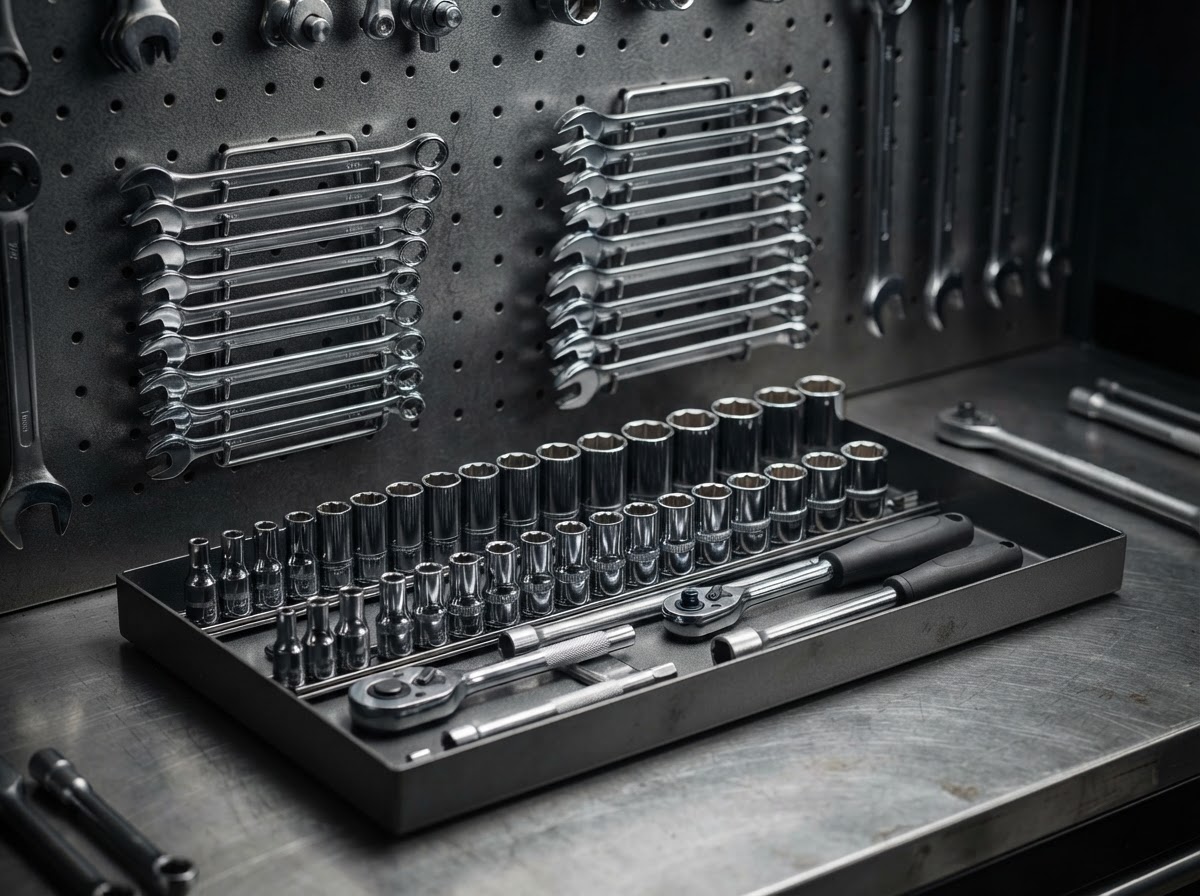 Professional mechanic tools arranged neatly on a metal workbench