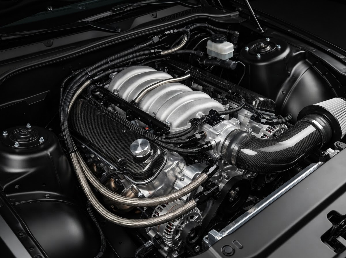 Clean engine bay close-up
