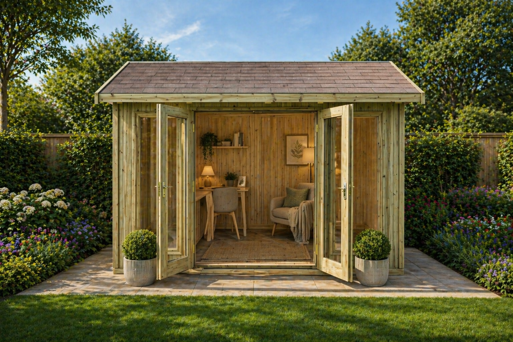 The Bristol pent garden room - doors open in garden
