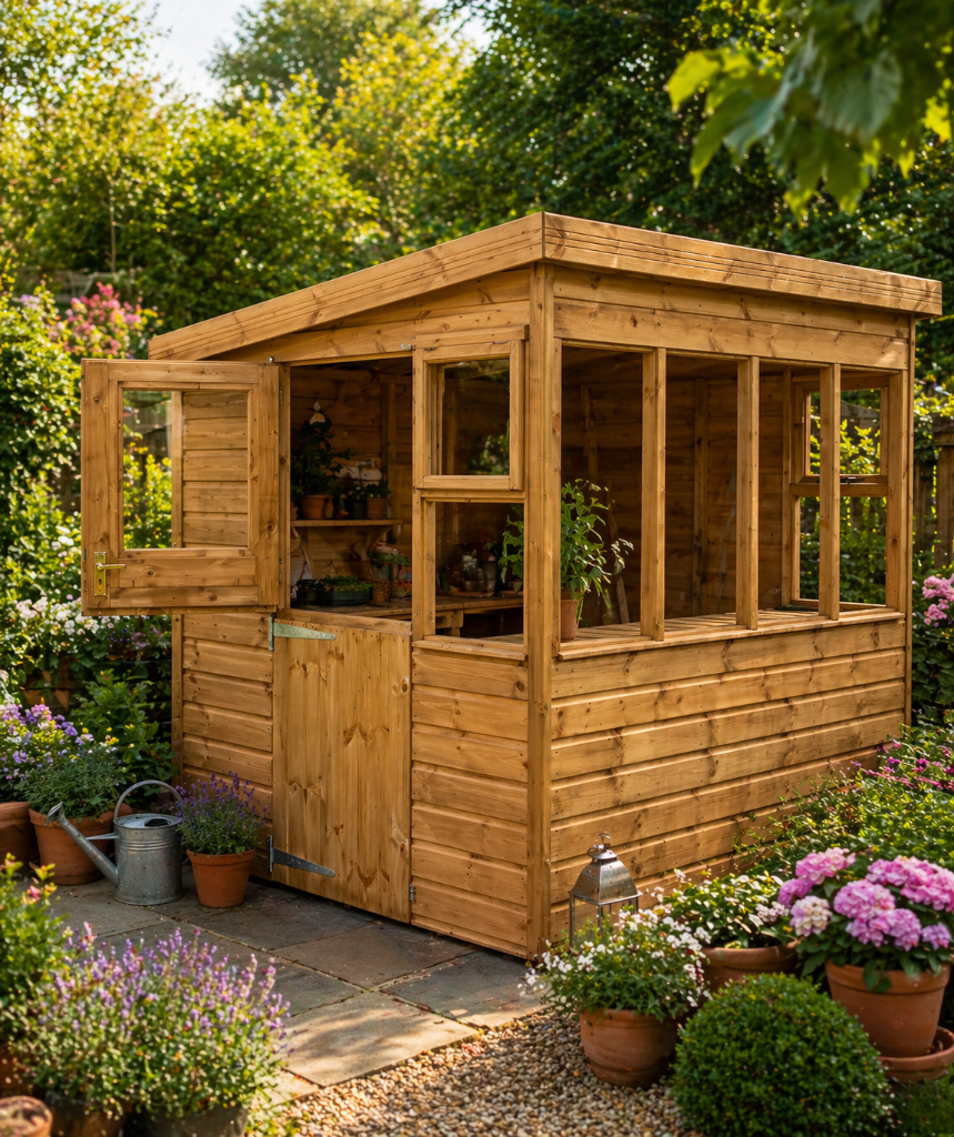 The Bath mini potter shed - door open in garden
