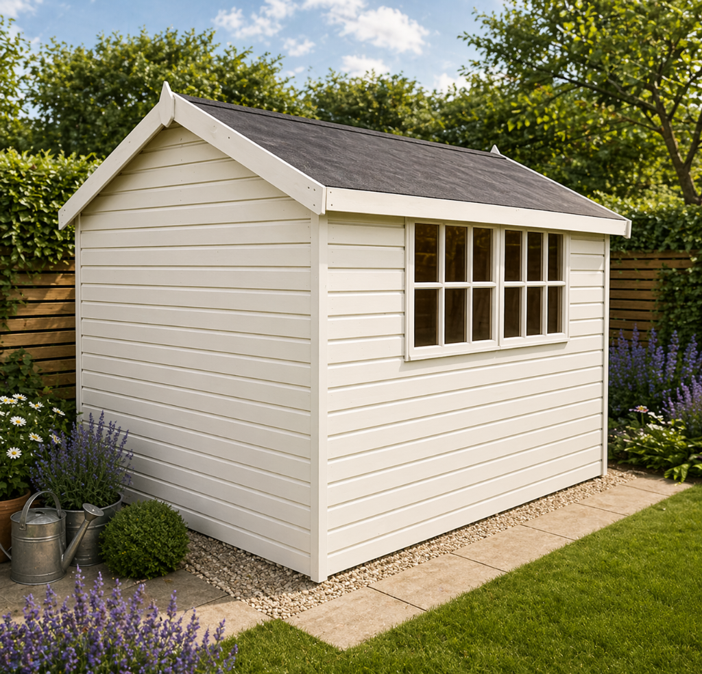 The Cumbria shed - painted cream side view