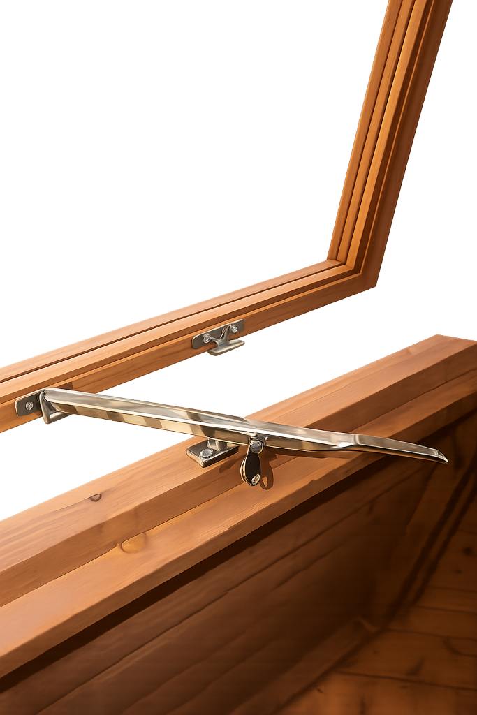 Opening window with chrome hinges and locking stay