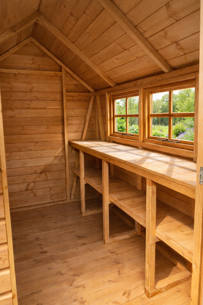 The Surrey tall apex shed - interior with bench and windows