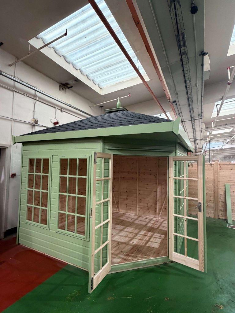 The Edinburgh hexagonal summerhouse - doors open three-quarter view