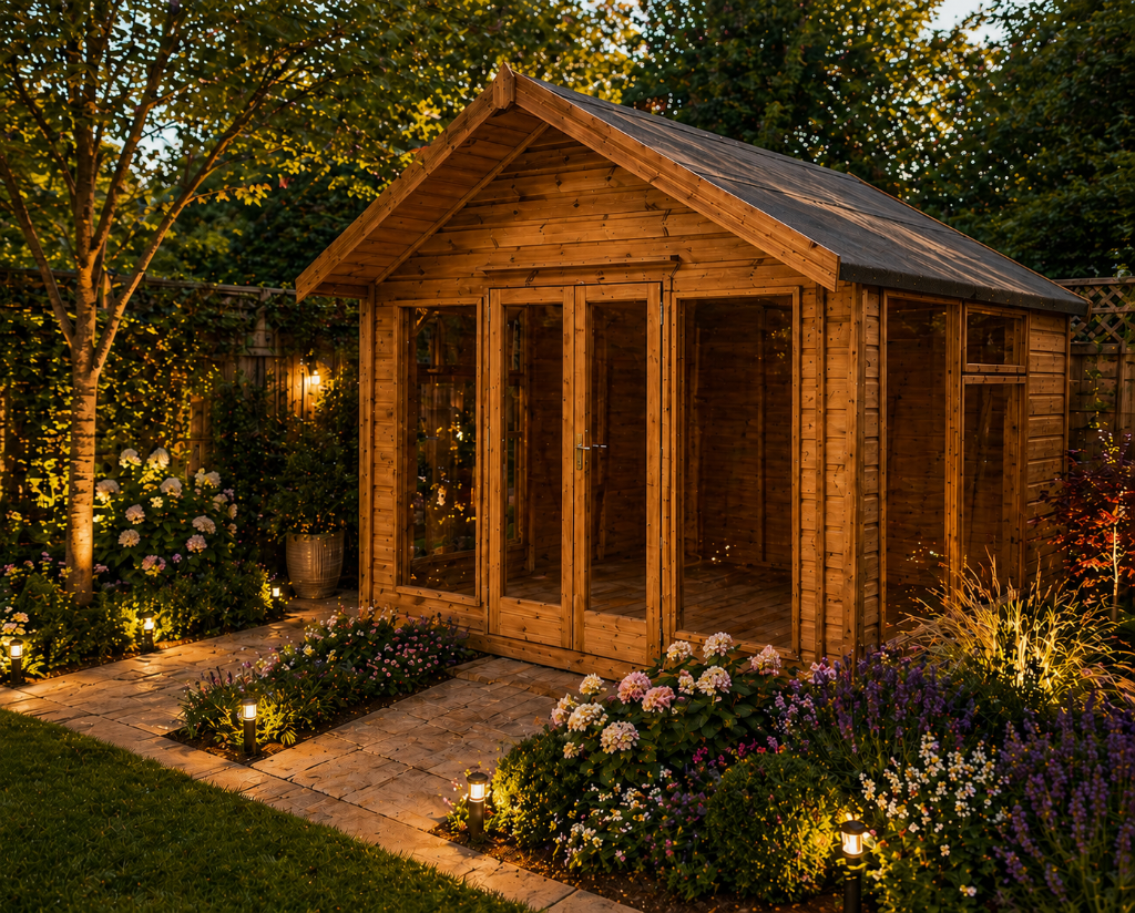 The London premium shed - side view at dusk