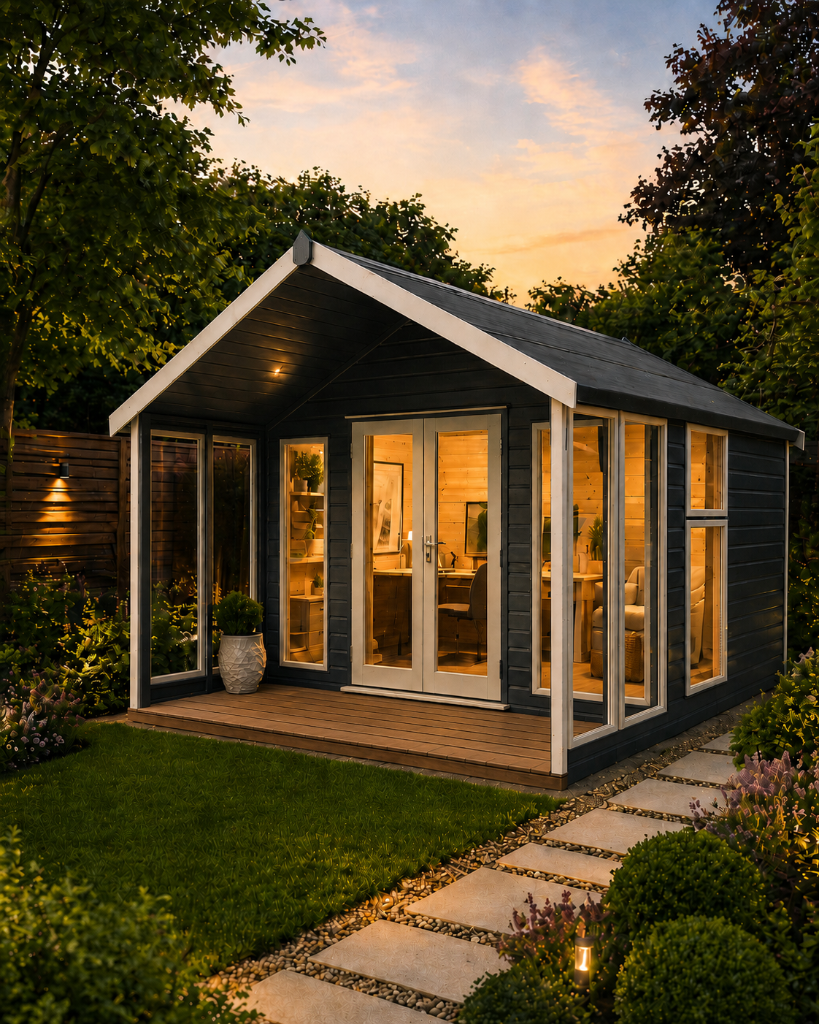 The Glasgow premium shed - side angle with wooden deck at dusk