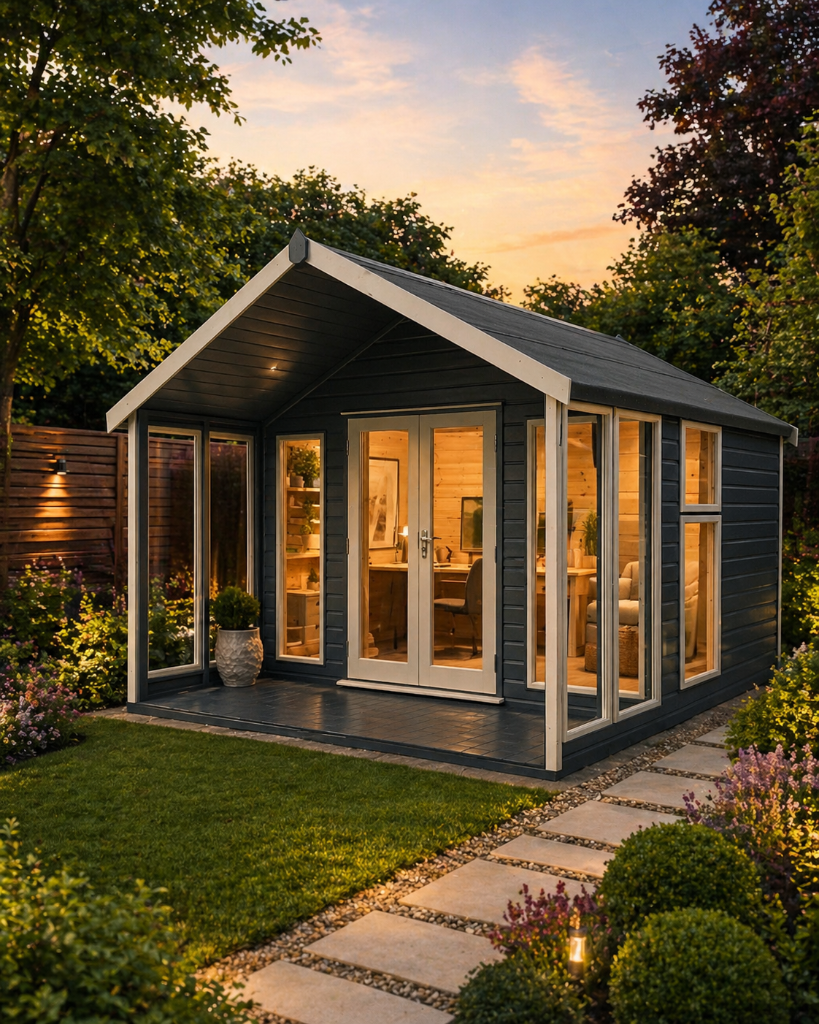 The Glasgow premium shed - side angle at dusk