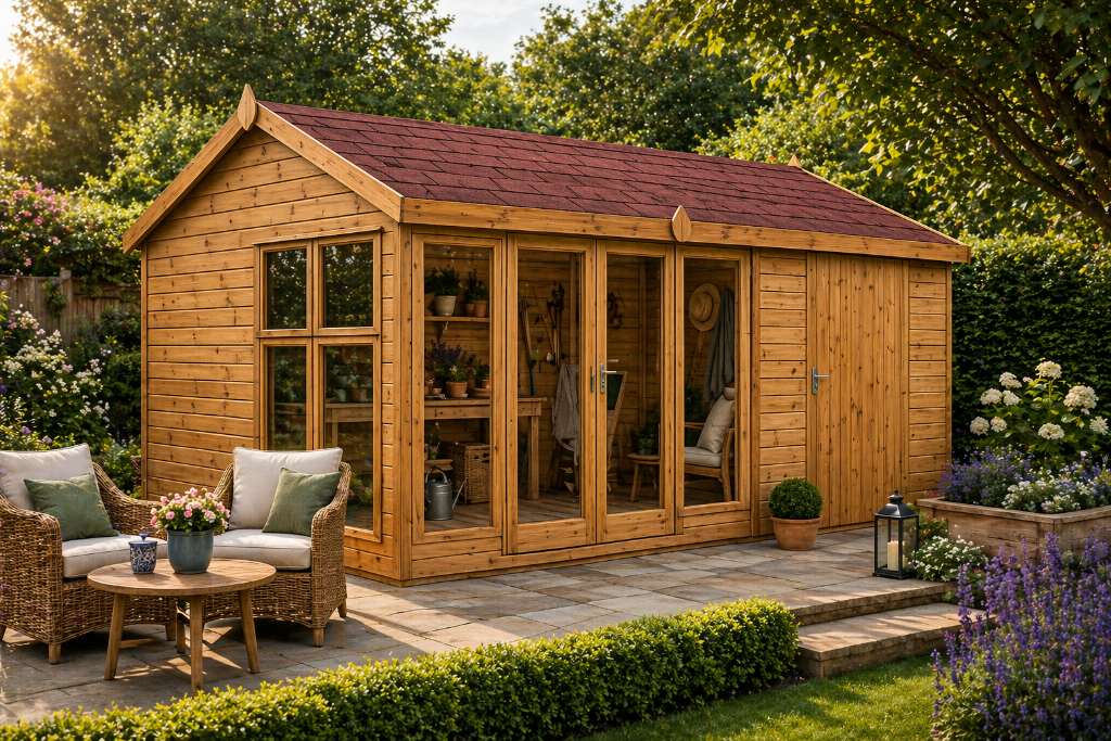 The Kent apex combination shed with red shingle roof in garden