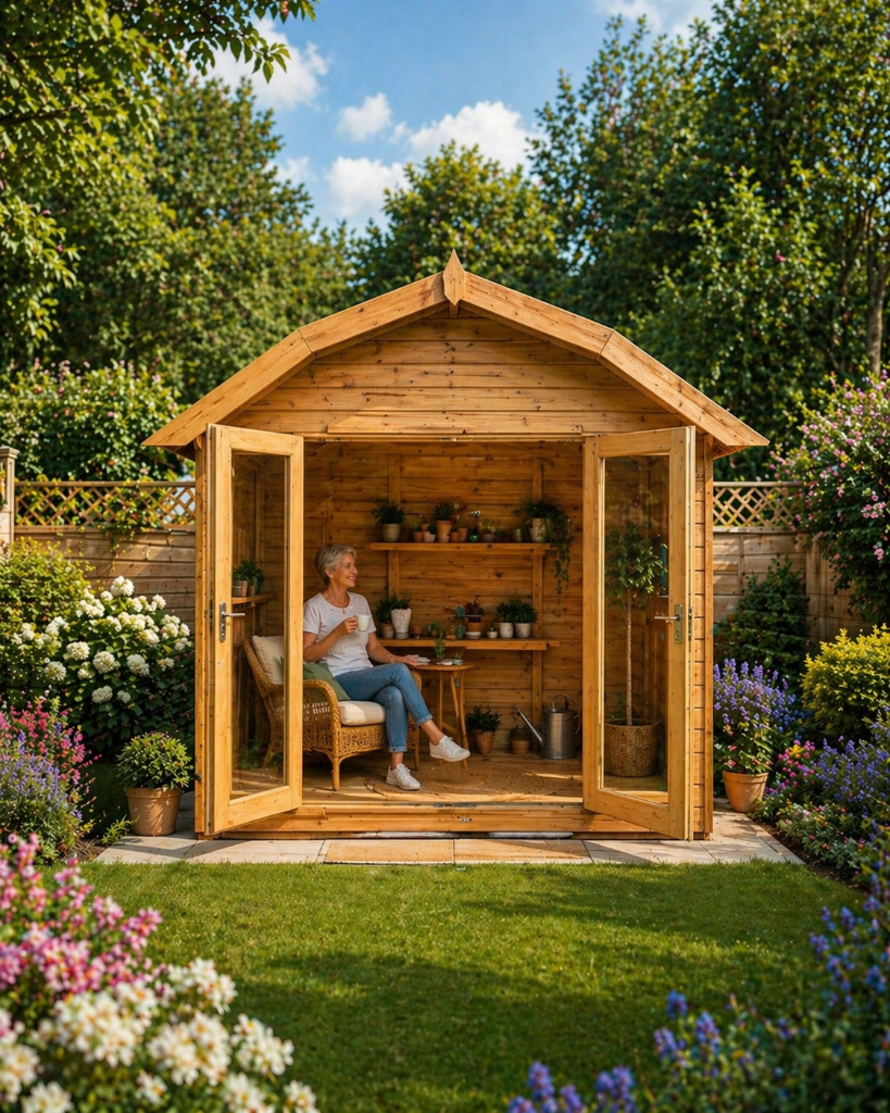 The Norfolk apex summerhouse barn - doors open with seated interior