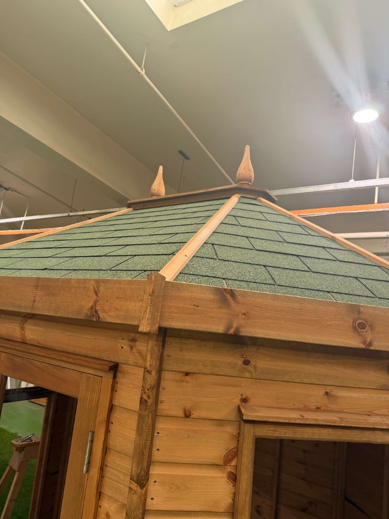 The Hampshire hexagonal summerhouse - roof shingle and finial close-up