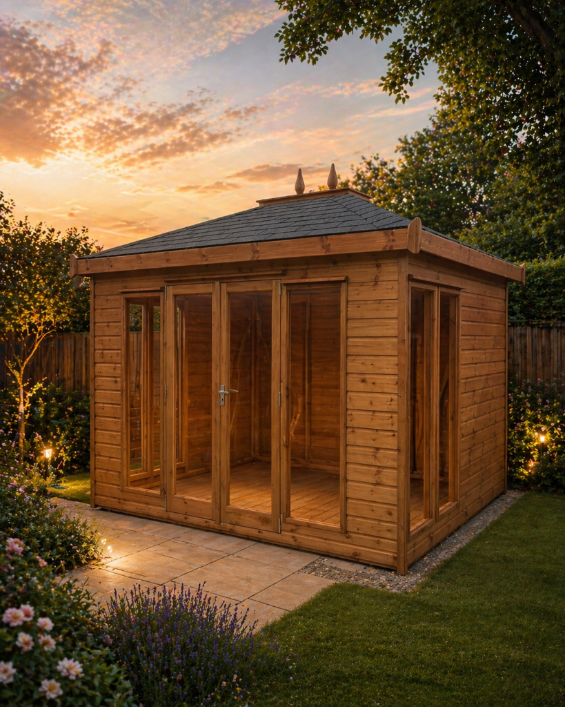 The Newport hipped roof summerhouse - side angle in garden at dusk