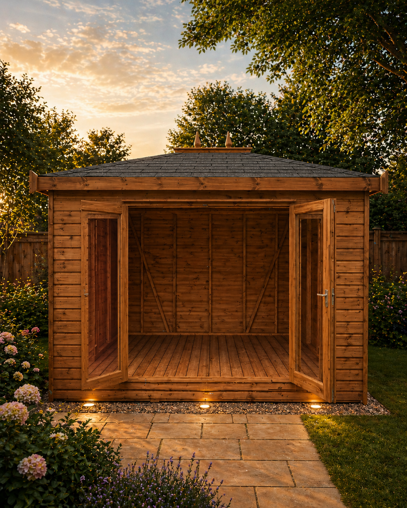 The Newport hipped roof summerhouse - doors open in garden at sunset