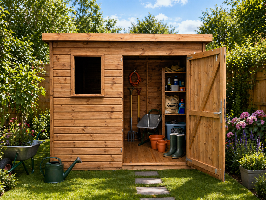 The Nottingham pent shed - door open in garden setting