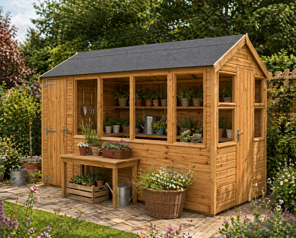 The Axbridge large potting shed in a garden setting