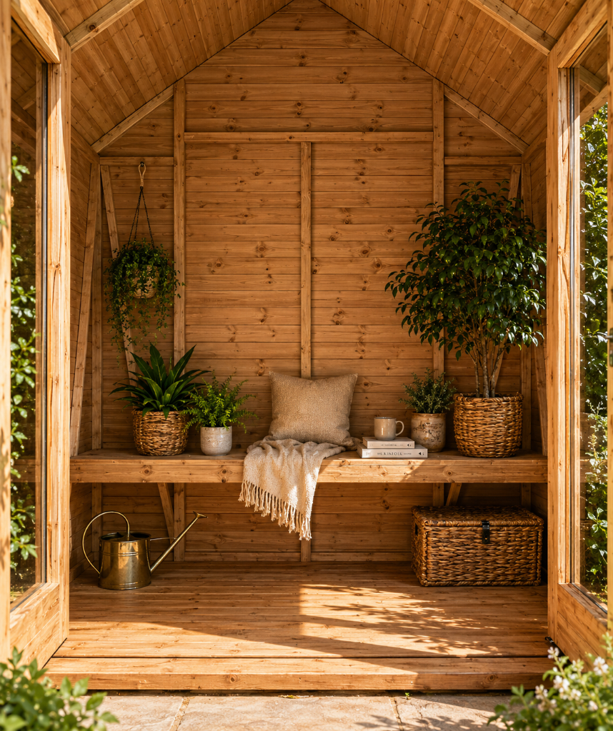 The Norfolk apex summerhouse barn - interior bench and decor