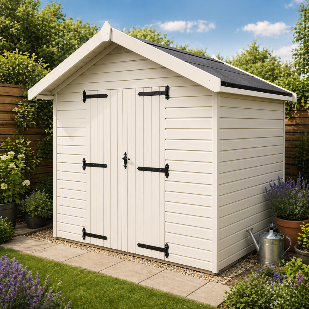 The Cumbria shed - painted cream front view