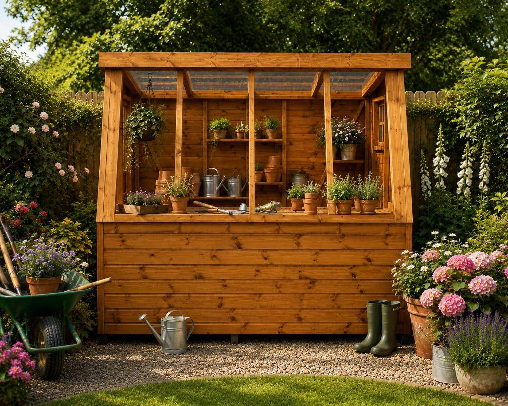 The Glastonbury glazed potting shed in garden setting