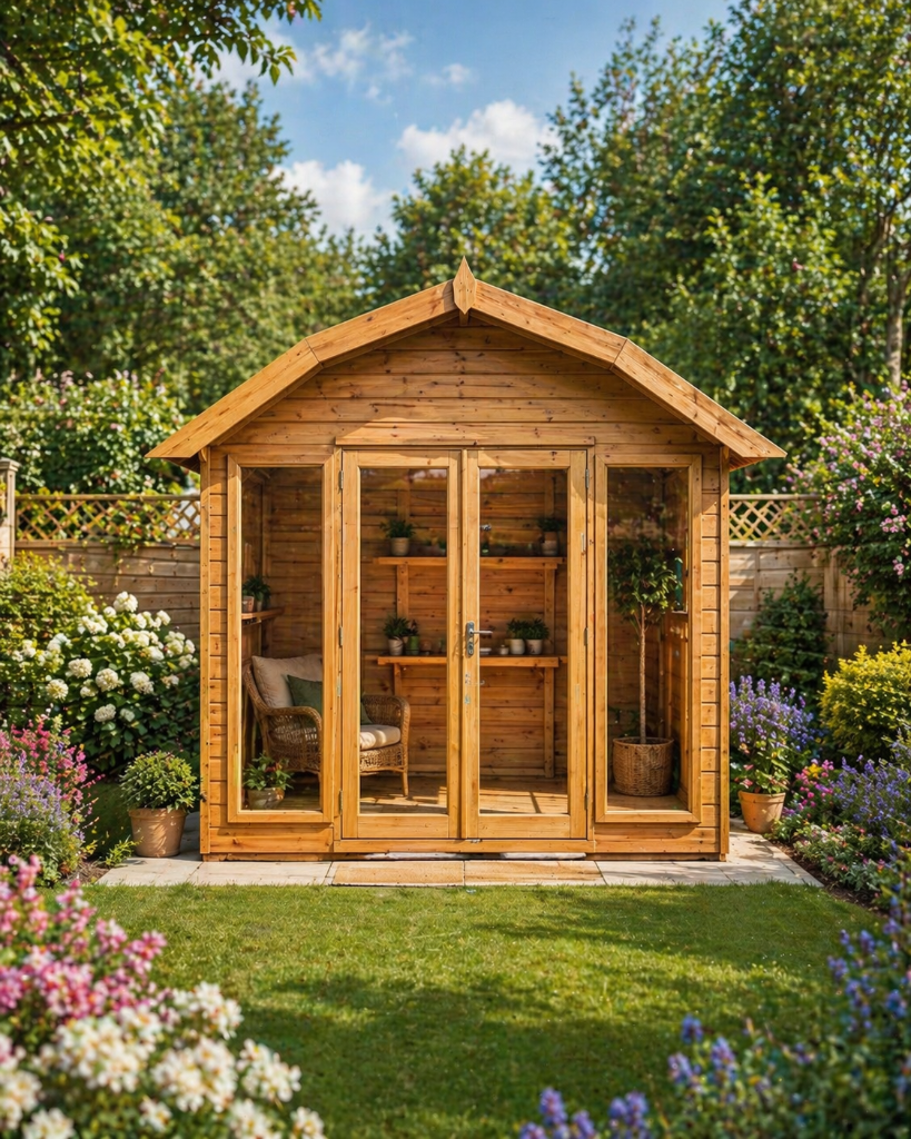 The Norfolk apex summerhouse barn - front view in garden