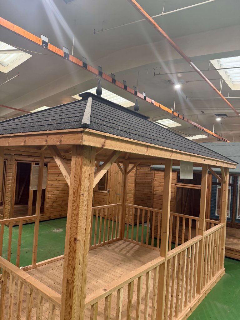 The Oxford gazebo - front view with shingled roof and balustrade