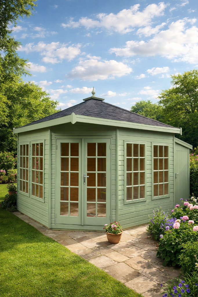 The Edinburgh corner summerhouse - painted sage green in garden