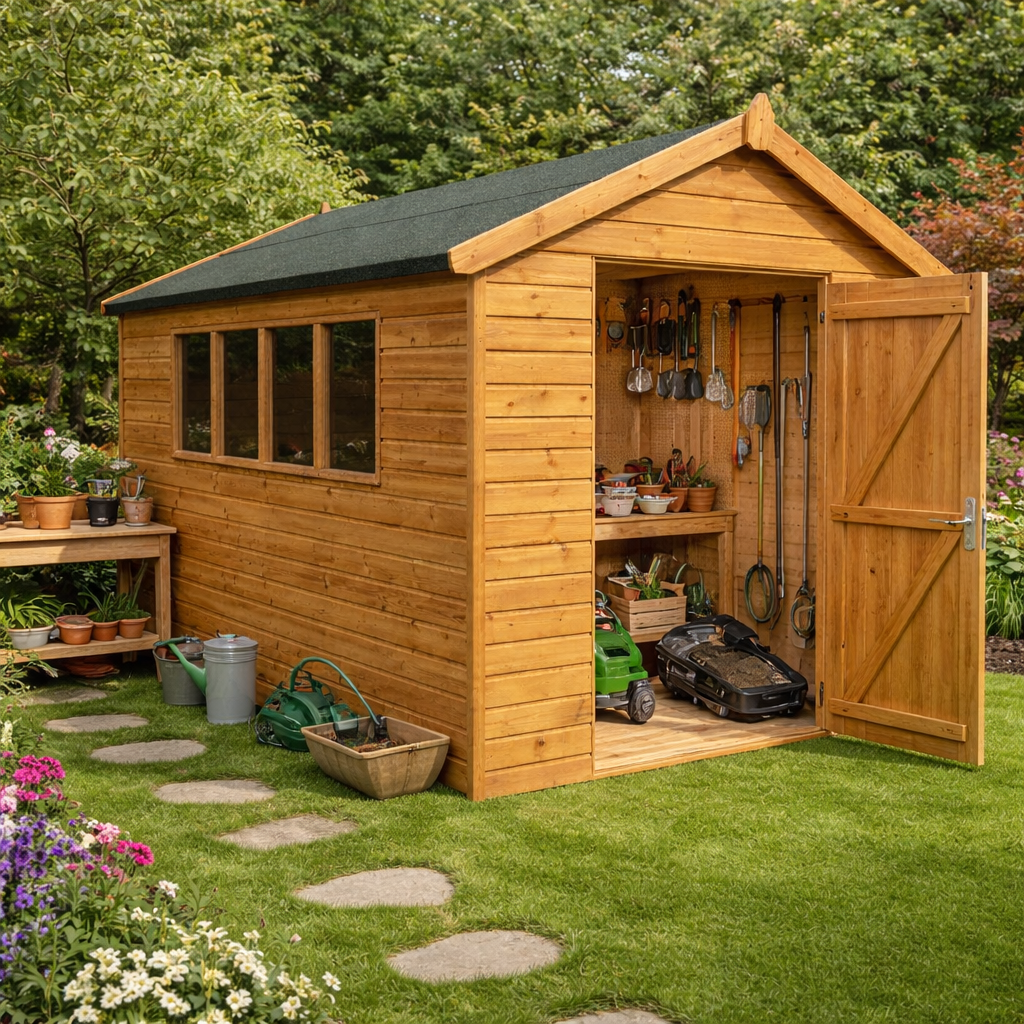 The Rutland apex shed - door open in garden