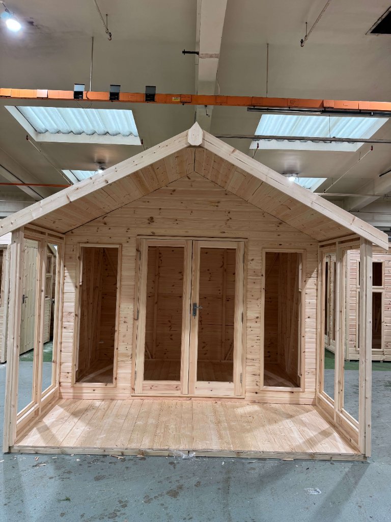 The Glasgow apex summerhouse - natural finish front view with double doors