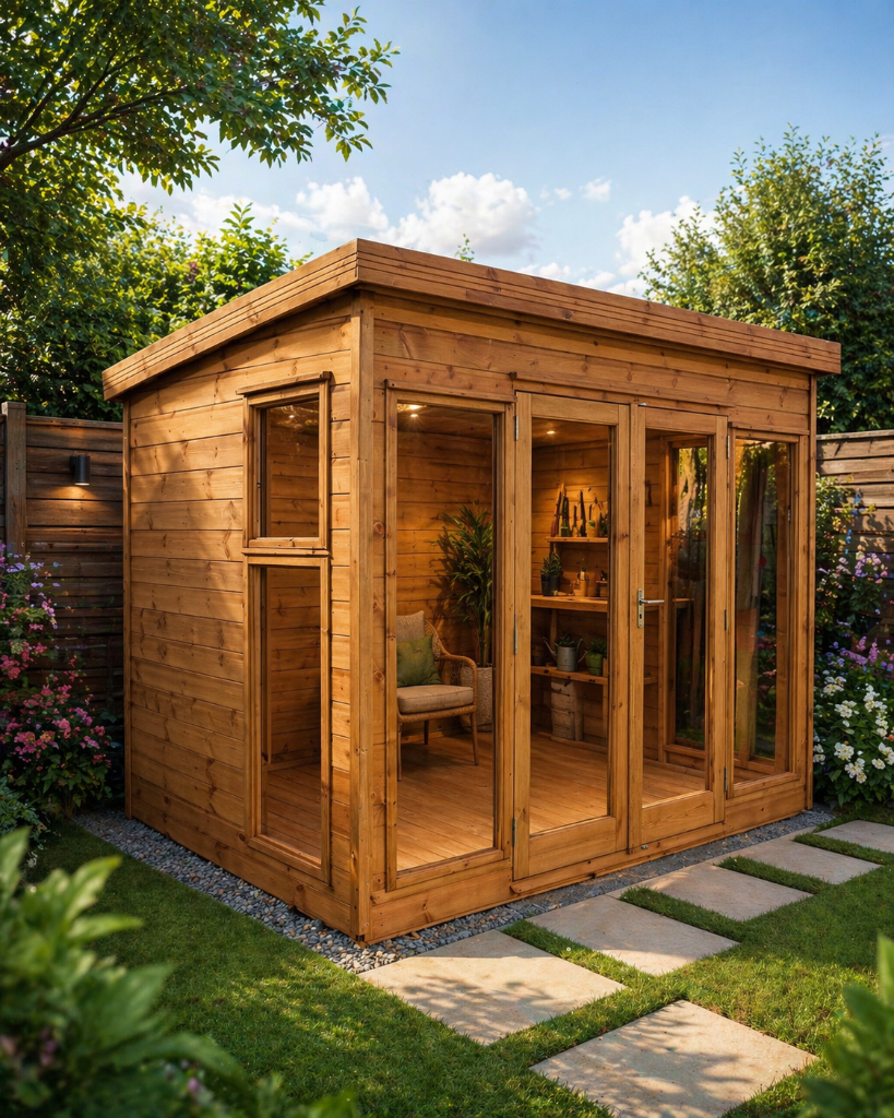 The Essex contemporary summerhouse - angled view in garden