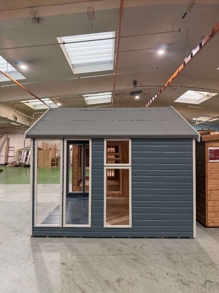 The Glasgow apex summerhouse - slate blue painted side profile
