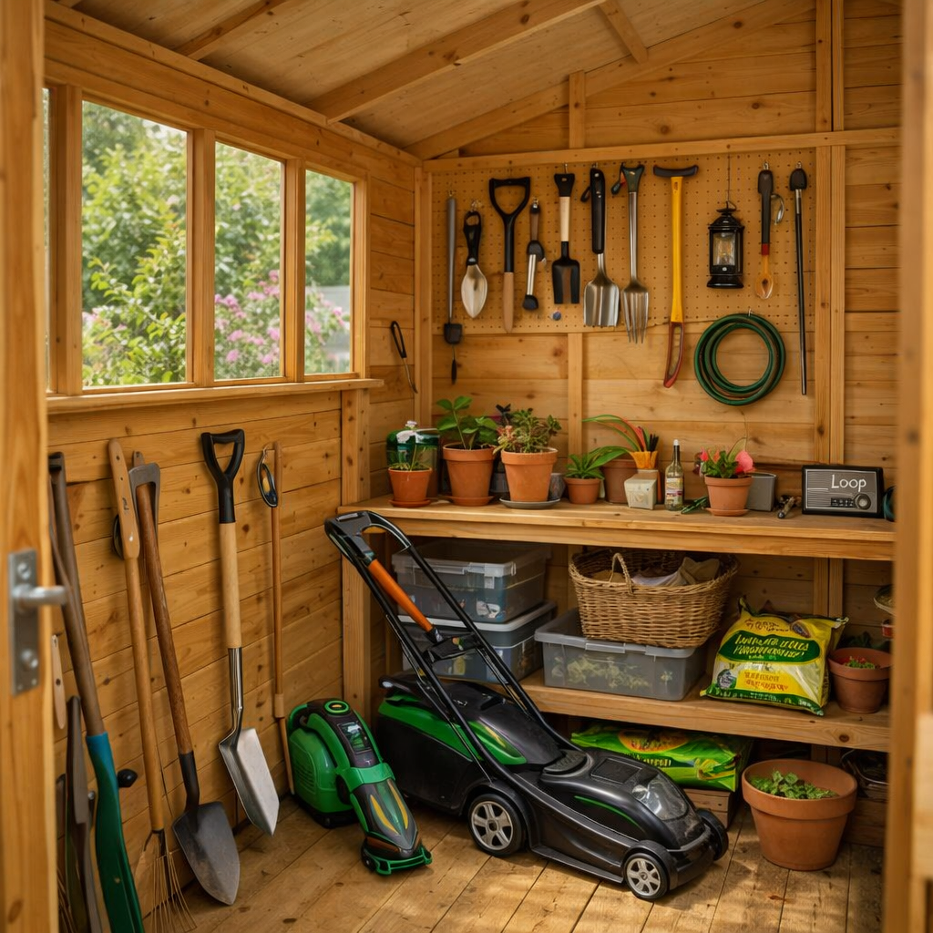 The Rutland apex shed - interior with tools and props
