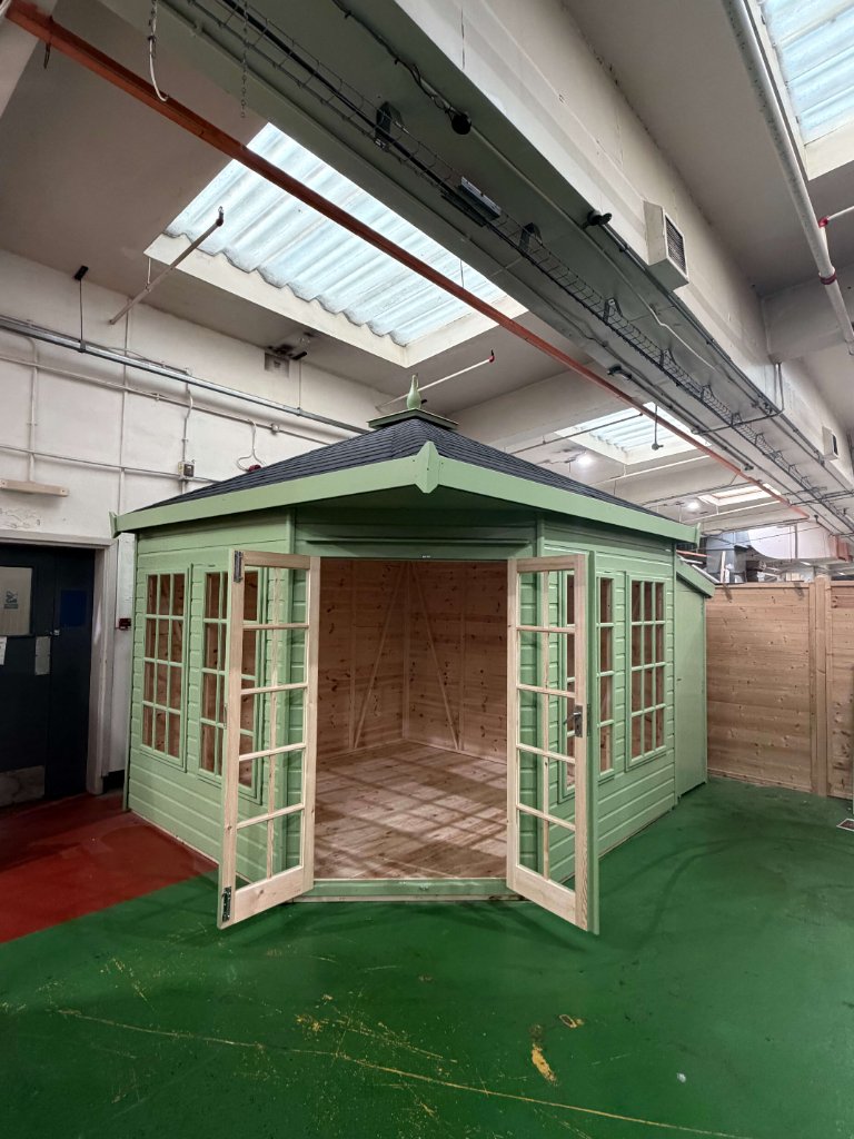 The Edinburgh hexagonal summerhouse - double doors open interior view