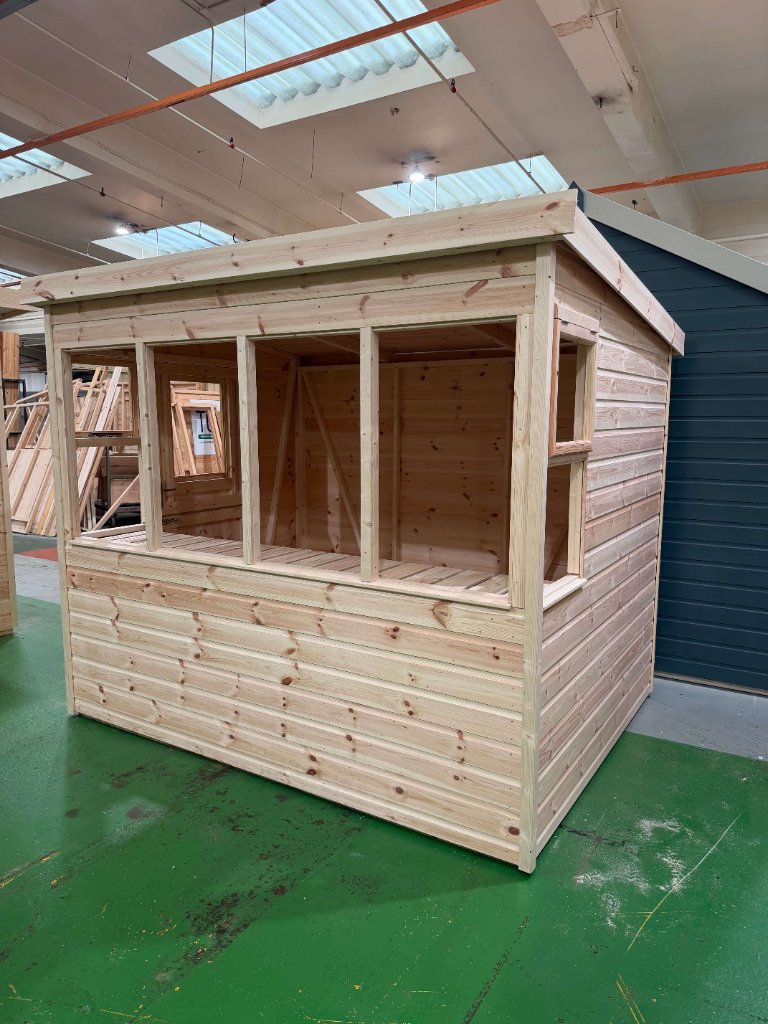The Bath sun pent shed - front and side view in factory