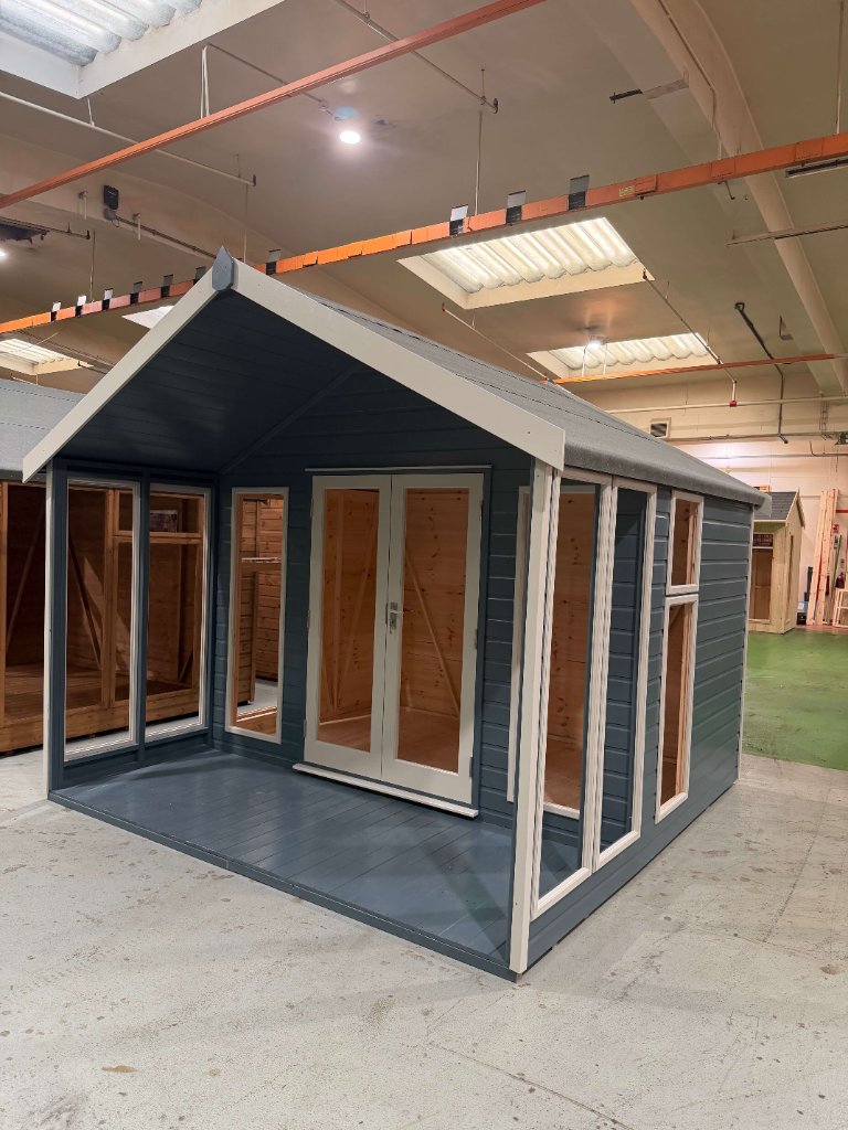 The Glasgow apex summerhouse - slate blue painted three-quarter angle