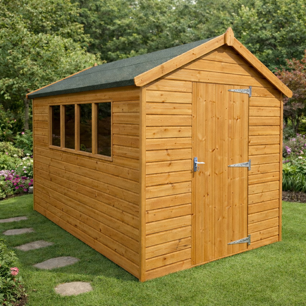 The Rutland apex shed - front view in garden